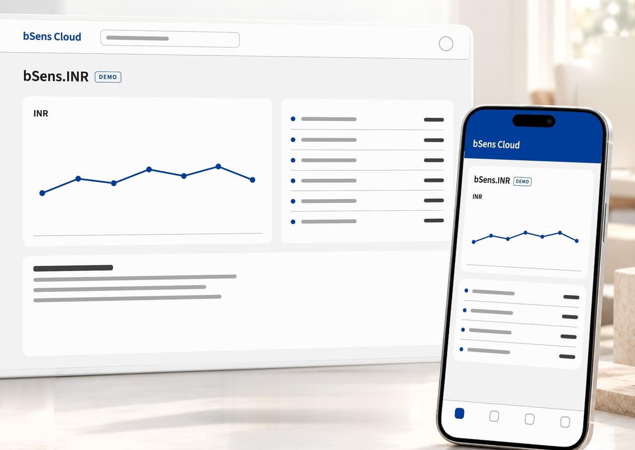 Um monitor e um celular sobre uma mesa, com telas ilustrativas do bSens Cloud: o histórico de resultados do bSens.INR, marcado como demonstração.